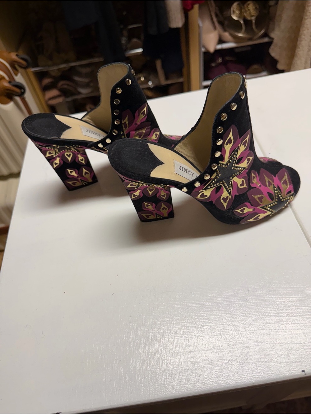 Jimmy Choo Black Mules with Pink & Gold Floral Embellishment - Picture 2 of 4